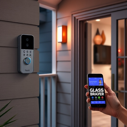 smart video doorbell on suburban porch,security keypad on modern apartment wall,flashing red home security alert light at night,glass break sensor on sliding door,sensor alert notification on homeowner’s phone