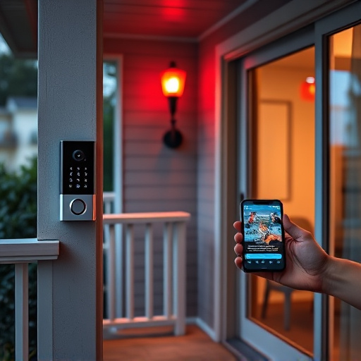 smart video doorbell on suburban porch,security keypad on modern apartment wall,flashing red home security alert light at night,glass break sensor on sliding door,sensor alert notification on homeowner’s phone