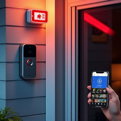 smart video doorbell on suburban porch,security keypad on modern apartment wall,flashing red home security alert light at night,glass break sensor on sliding door,sensor alert notification on homeowner’s phone