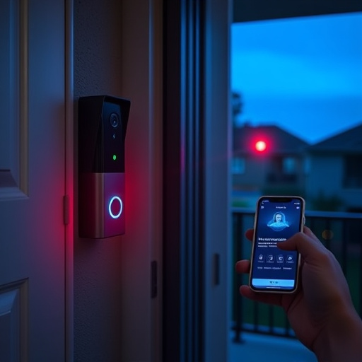 smart video doorbell on suburban porch,security keypad on modern apartment wall,flashing red home security alert light at night,glass break sensor on sliding door,sensor alert notification on homeowner’s phone