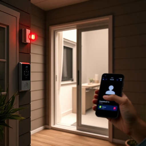 smart video doorbell on suburban porch,security keypad on modern apartment wall,flashing red home security alert light at night,glass break sensor on sliding door,sensor alert notification on homeowner’s phone