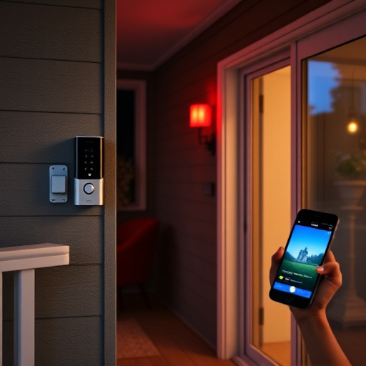 smart video doorbell on suburban porch,security keypad on modern apartment wall,flashing red home security alert light at night,glass break sensor on sliding door,sensor alert notification on homeowner’s phone