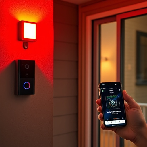 smart video doorbell on suburban porch,security keypad on modern apartment wall,flashing red home security alert light at night,glass break sensor on sliding door,sensor alert notification on homeowner’s phone