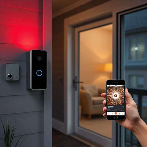 smart video doorbell on suburban porch,security keypad on modern apartment wall,flashing red home security alert light at night,glass break sensor on sliding door,sensor alert notification on homeowner’s phone