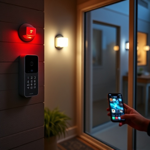 smart video doorbell on suburban porch,security keypad on modern apartment wall,flashing red home security alert light at night,glass break sensor on sliding door,sensor alert notification on homeowner’s phone