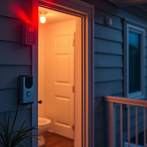 smart video doorbell on suburban porch,security keypad on modern apartment wall,flashing red home security alert light at night,glass break sensor on sliding door,sensor alert notification on homeowner’s phone