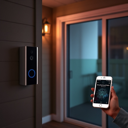 smart video doorbell on suburban porch,security keypad on modern apartment wall,flashing red home security alert light at night,glass break sensor on sliding door,sensor alert notification on homeowner’s phone