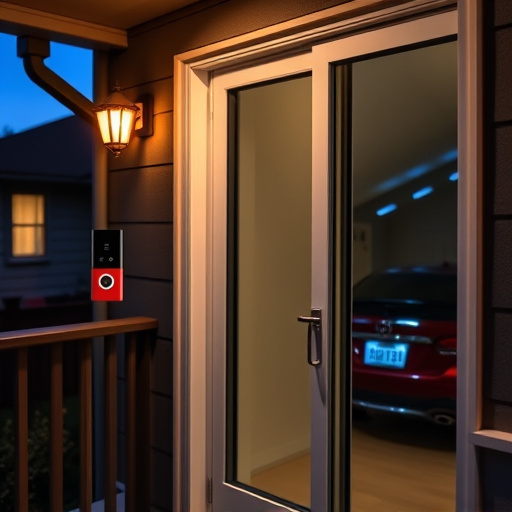 smart video doorbell on suburban porch,security keypad on modern apartment wall,flashing red home security alert light at night,glass break sensor on sliding door,sensor alert notification on homeowner’s phone