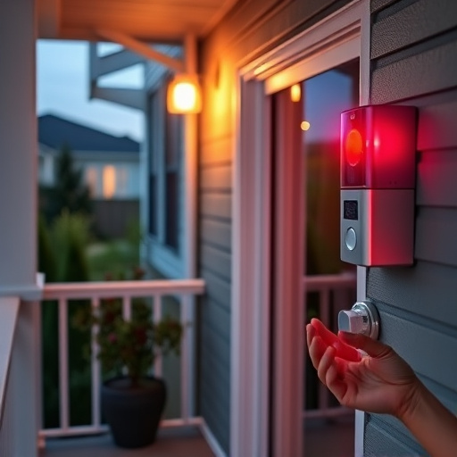 smart video doorbell on suburban porch,security keypad on modern apartment wall,flashing red home security alert light at night,glass break sensor on sliding door,sensor alert notification on homeowner’s phone