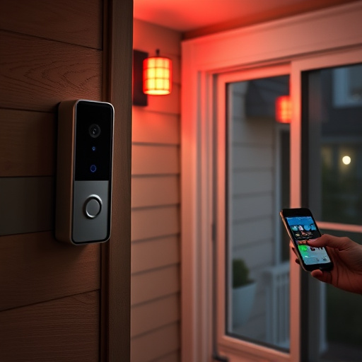 smart video doorbell on suburban porch,security keypad on modern apartment wall,flashing red home security alert light at night,glass break sensor on sliding door,sensor alert notification on homeowner’s phone