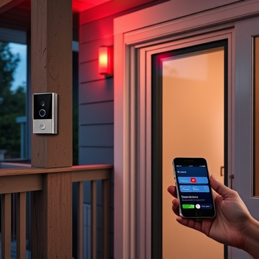 smart video doorbell on suburban porch,security keypad on modern apartment wall,flashing red home security alert light at night,glass break sensor on sliding door,sensor alert notification on homeowner’s phone
