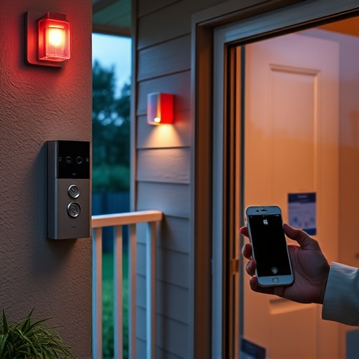 smart video doorbell on suburban porch,security keypad on modern apartment wall,flashing red home security alert light at night,glass break sensor on sliding door,sensor alert notification on homeowner’s phone