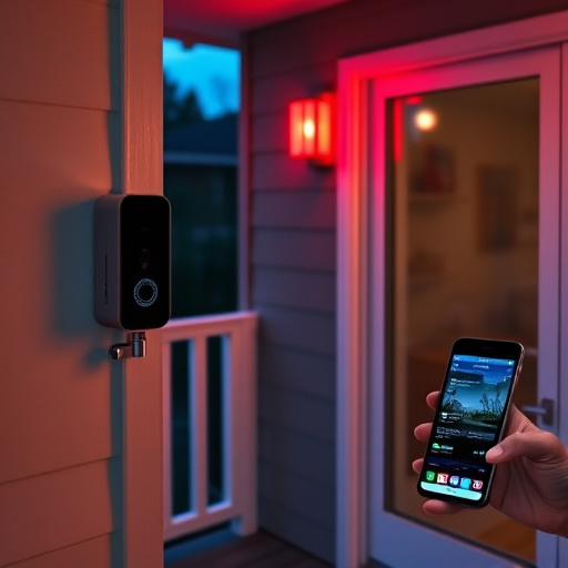 smart video doorbell on suburban porch,security keypad on modern apartment wall,flashing red home security alert light at night,glass break sensor on sliding door,sensor alert notification on homeowner’s phone