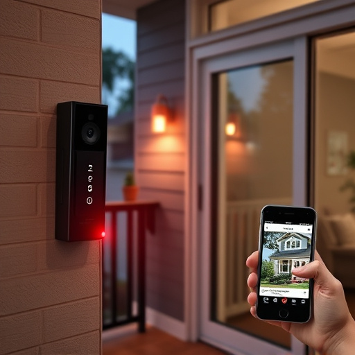 smart video doorbell on suburban porch,security keypad on modern apartment wall,flashing red home security alert light at night,glass break sensor on sliding door,sensor alert notification on homeowner’s phone