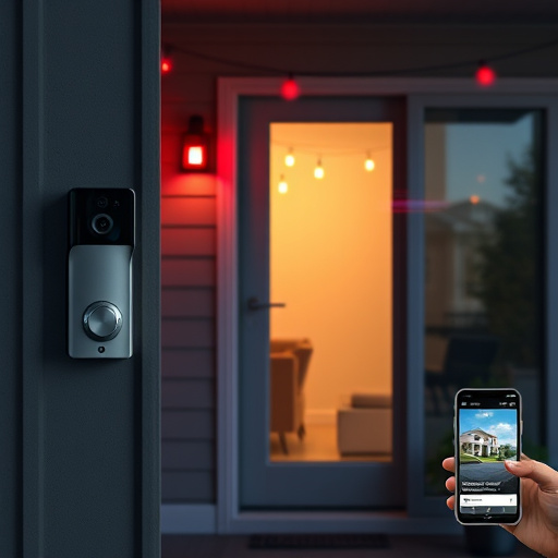 smart video doorbell on suburban porch,security keypad on modern apartment wall,flashing red home security alert light at night,glass break sensor on sliding door,sensor alert notification on homeowner’s phone