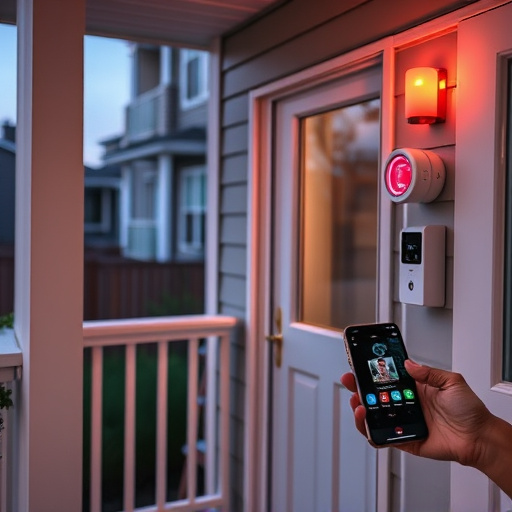 smart video doorbell on suburban porch,security keypad on modern apartment wall,flashing red home security alert light at night,glass break sensor on sliding door,sensor alert notification on homeowner’s phone