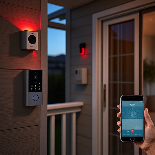 smart video doorbell on suburban porch,security keypad on modern apartment wall,flashing red home security alert light at night,glass break sensor on sliding door,sensor alert notification on homeowner’s phone