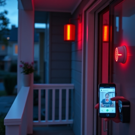 smart video doorbell on suburban porch,security keypad on modern apartment wall,flashing red home security alert light at night,glass break sensor on sliding door,sensor alert notification on homeowner’s phone