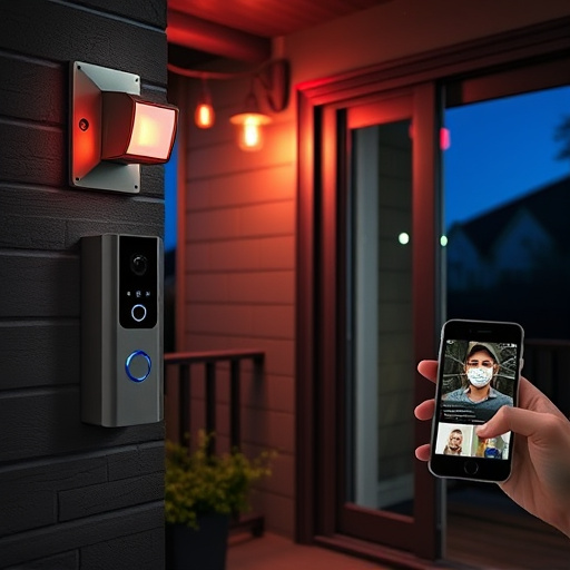 smart video doorbell on suburban porch,security keypad on modern apartment wall,flashing red home security alert light at night,glass break sensor on sliding door,sensor alert notification on homeowner’s phone