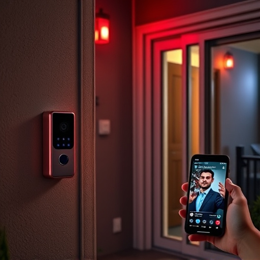 smart video doorbell on suburban porch,security keypad on modern apartment wall,flashing red home security alert light at night,glass break sensor on sliding door,sensor alert notification on homeowner’s phone