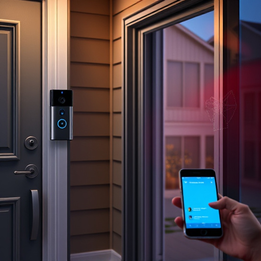 smart video doorbell on suburban porch,security keypad on modern apartment wall,flashing red home security alert light at night,glass break sensor on sliding door,sensor alert notification on homeowner’s phone