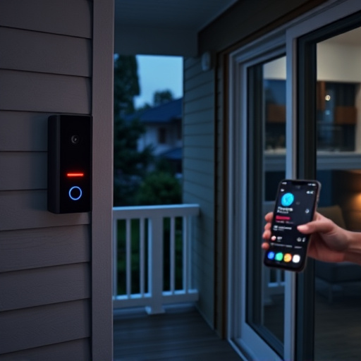smart video doorbell on suburban porch,security keypad on modern apartment wall,flashing red home security alert light at night,glass break sensor on sliding door,sensor alert notification on homeowner’s phone