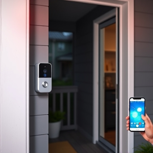 smart video doorbell on suburban porch,security keypad on modern apartment wall,flashing red home security alert light at night,glass break sensor on sliding door,sensor alert notification on homeowner’s phone