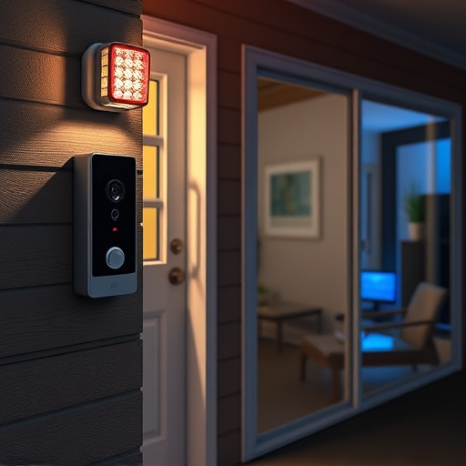 smart video doorbell on suburban porch,security keypad on modern apartment wall,flashing red home security alert light at night,glass break sensor on sliding door,sensor alert notification on homeowner’s phone