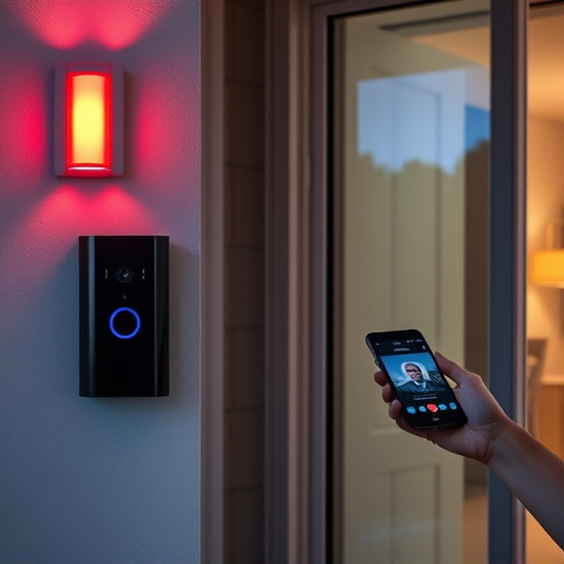 smart video doorbell on suburban porch,security keypad on modern apartment wall,flashing red home security alert light at night,glass break sensor on sliding door,sensor alert notification on homeowner’s phone