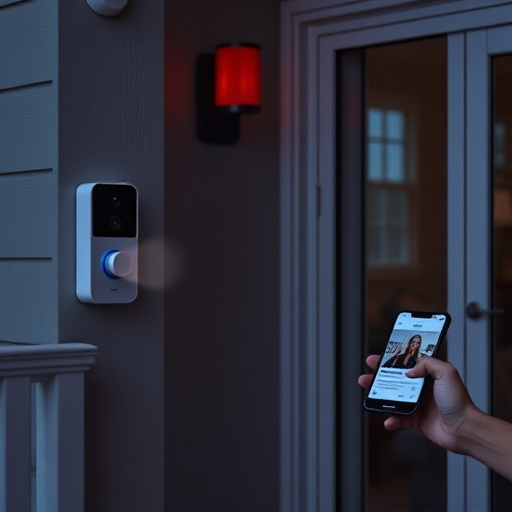 smart video doorbell on suburban porch,security keypad on modern apartment wall,flashing red home security alert light at night,glass break sensor on sliding door,sensor alert notification on homeowner’s phone