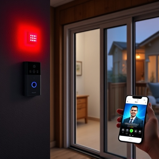 smart video doorbell on suburban porch,security keypad on modern apartment wall,flashing red home security alert light at night,glass break sensor on sliding door,sensor alert notification on homeowner’s phone