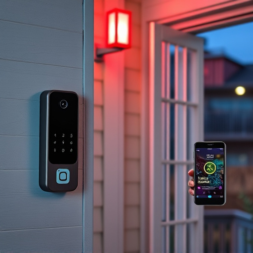 smart video doorbell on suburban porch,security keypad on modern apartment wall,flashing red home security alert light at night,glass break sensor on sliding door,sensor alert notification on homeowner’s phone