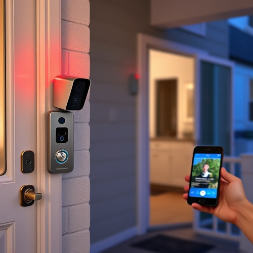 smart video doorbell on suburban porch,security keypad on modern apartment wall,flashing red home security alert light at night,glass break sensor on sliding door,sensor alert notification on homeowner’s phone