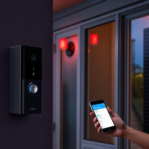 smart video doorbell on suburban porch,security keypad on modern apartment wall,flashing red home security alert light at night,glass break sensor on sliding door,sensor alert notification on homeowner’s phone
