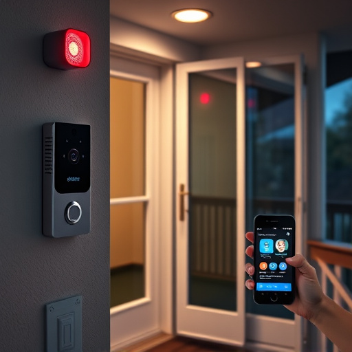 smart video doorbell on suburban porch,security keypad on modern apartment wall,flashing red home security alert light at night,glass break sensor on sliding door,sensor alert notification on homeowner’s phone