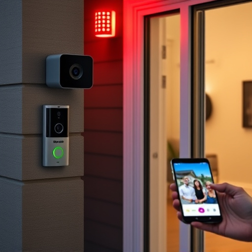 smart video doorbell on suburban porch,security keypad on modern apartment wall,flashing red home security alert light at night,glass break sensor on sliding door,sensor alert notification on homeowner’s phone