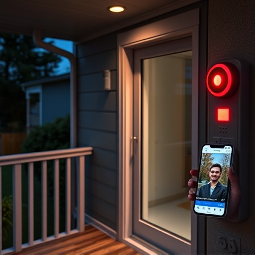 smart video doorbell on suburban porch,security keypad on modern apartment wall,flashing red home security alert light at night,glass break sensor on sliding door,sensor alert notification on homeowner’s phone