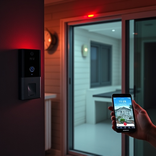 smart video doorbell on suburban porch,security keypad on modern apartment wall,flashing red home security alert light at night,glass break sensor on sliding door,sensor alert notification on homeowner’s phone