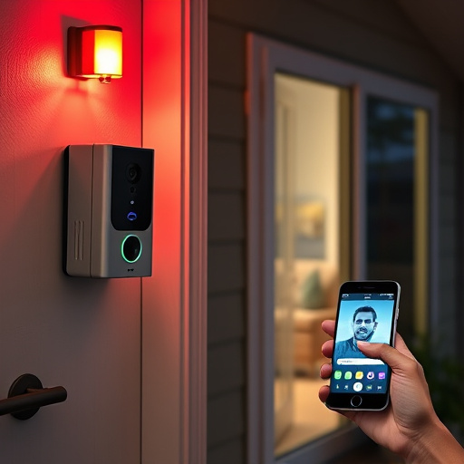 smart video doorbell on suburban porch,security keypad on modern apartment wall,flashing red home security alert light at night,glass break sensor on sliding door,sensor alert notification on homeowner’s phone