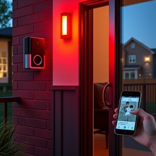 smart video doorbell on suburban porch,security keypad on modern apartment wall,flashing red home security alert light at night,glass break sensor on sliding door,sensor alert notification on homeowner’s phone