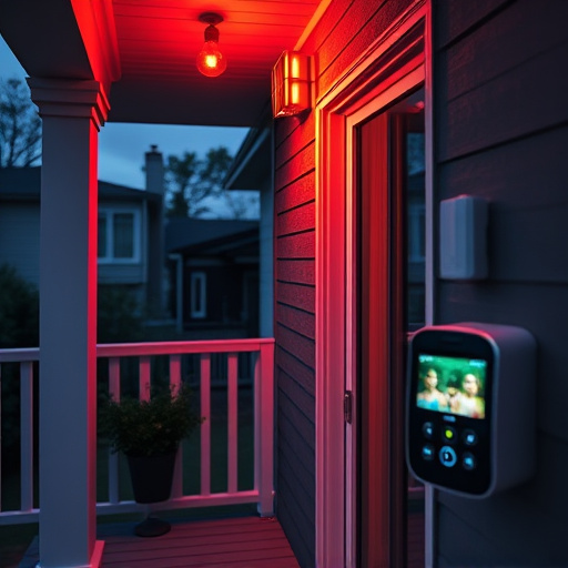smart video doorbell on suburban porch,security keypad on modern apartment wall,flashing red home security alert light at night,glass break sensor on sliding door,sensor alert notification on homeowner’s phone