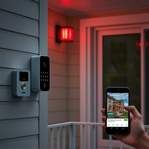 smart video doorbell on suburban porch,security keypad on modern apartment wall,flashing red home security alert light at night,glass break sensor on sliding door,sensor alert notification on homeowner’s phone