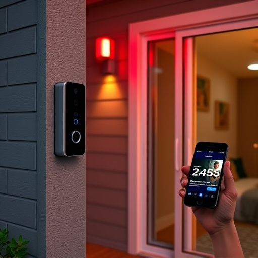 smart video doorbell on suburban porch,security keypad on modern apartment wall,flashing red home security alert light at night,glass break sensor on sliding door,sensor alert notification on homeowner’s phone