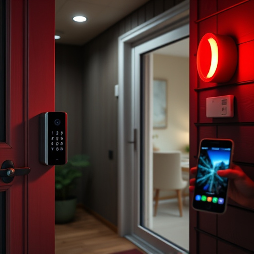 smart video doorbell on suburban porch,security keypad on modern apartment wall,flashing red home security alert light at night,glass break sensor on sliding door,sensor alert notification on homeowner’s phone