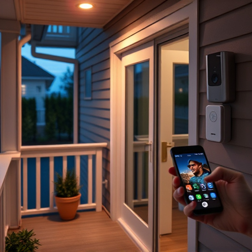 smart video doorbell on suburban porch,security keypad on modern apartment wall,flashing red home security alert light at night,glass break sensor on sliding door,sensor alert notification on homeowner’s phone