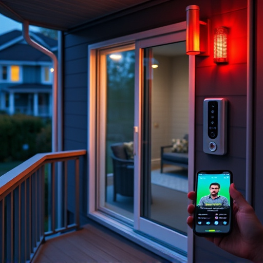 smart video doorbell on suburban porch,security keypad on modern apartment wall,flashing red home security alert light at night,glass break sensor on sliding door,sensor alert notification on homeowner’s phone