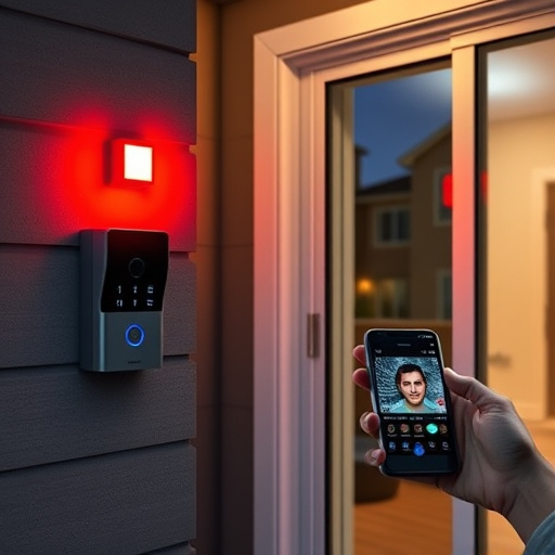 smart video doorbell on suburban porch,security keypad on modern apartment wall,flashing red home security alert light at night,glass break sensor on sliding door,sensor alert notification on homeowner’s phone