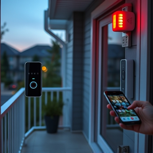 smart video doorbell on suburban porch,security keypad on modern apartment wall,flashing red home security alert light at night,glass break sensor on sliding door,sensor alert notification on homeowner’s phone