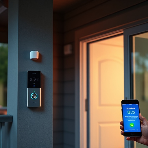 smart video doorbell on suburban porch,security keypad on modern apartment wall,flashing red home security alert light at night,glass break sensor on sliding door,sensor alert notification on homeowner’s phone