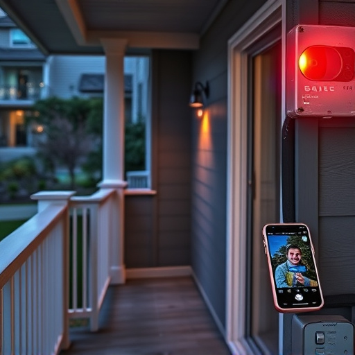smart video doorbell on suburban porch,security keypad on modern apartment wall,flashing red home security alert light at night,glass break sensor on sliding door,sensor alert notification on homeowner’s phone
